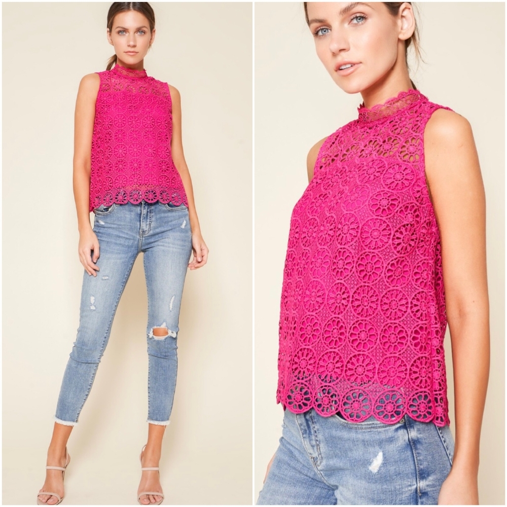 SUGAR + LIPS Boho Chic Hot Pink Crochet Sleeveless Top - Picture 1 of 7